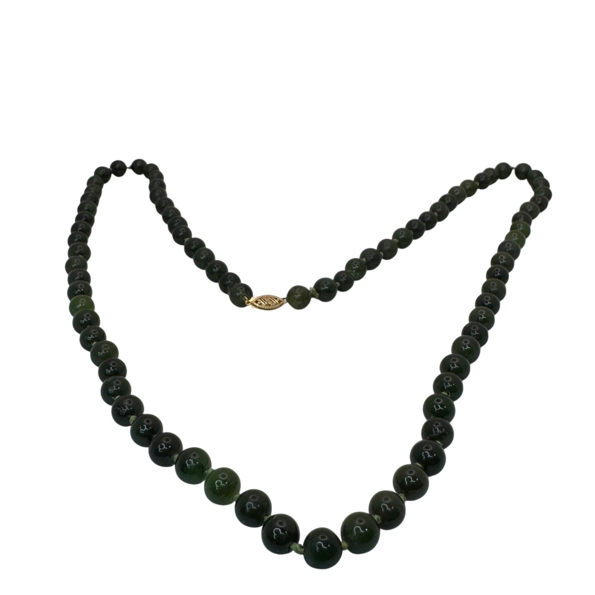 Dark Green Jade Beaded Necklace Double Knotted 14K Gold Clasp 32 Elegant Vintage