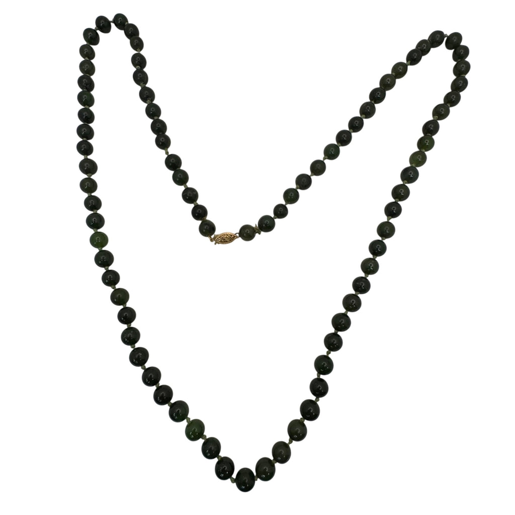 Dark Green Jade Beaded Necklace Double Knotted 14K Gold Clasp 32 Elegant Vintage