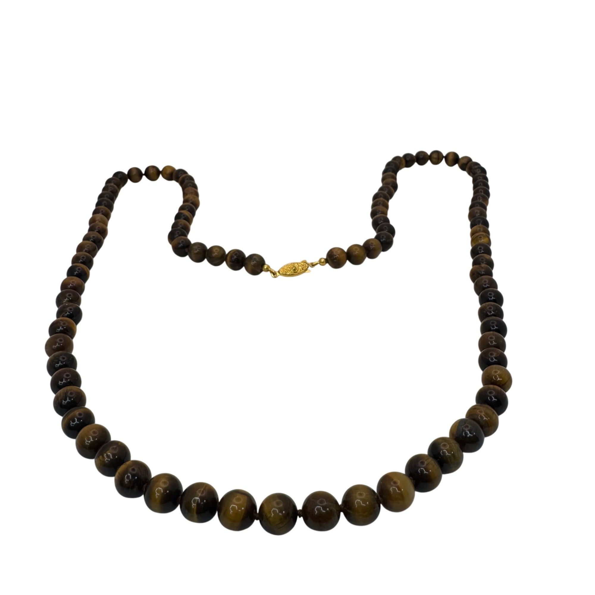 Tigers Eye Beaded Necklace 14K Gold Filled Clasp 34” Polished Heavy Statement