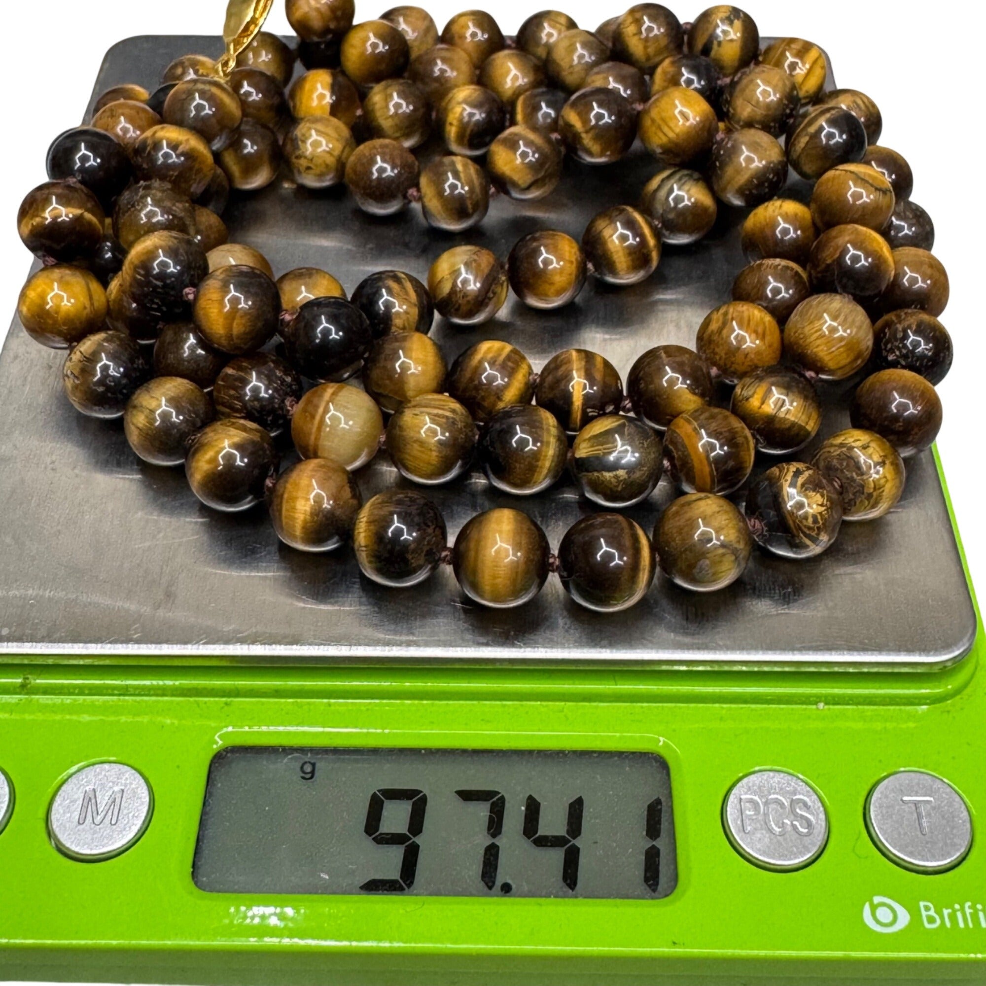 Tigers Eye Beaded Necklace 14K Gold Filled Clasp 34” Polished Heavy Statement