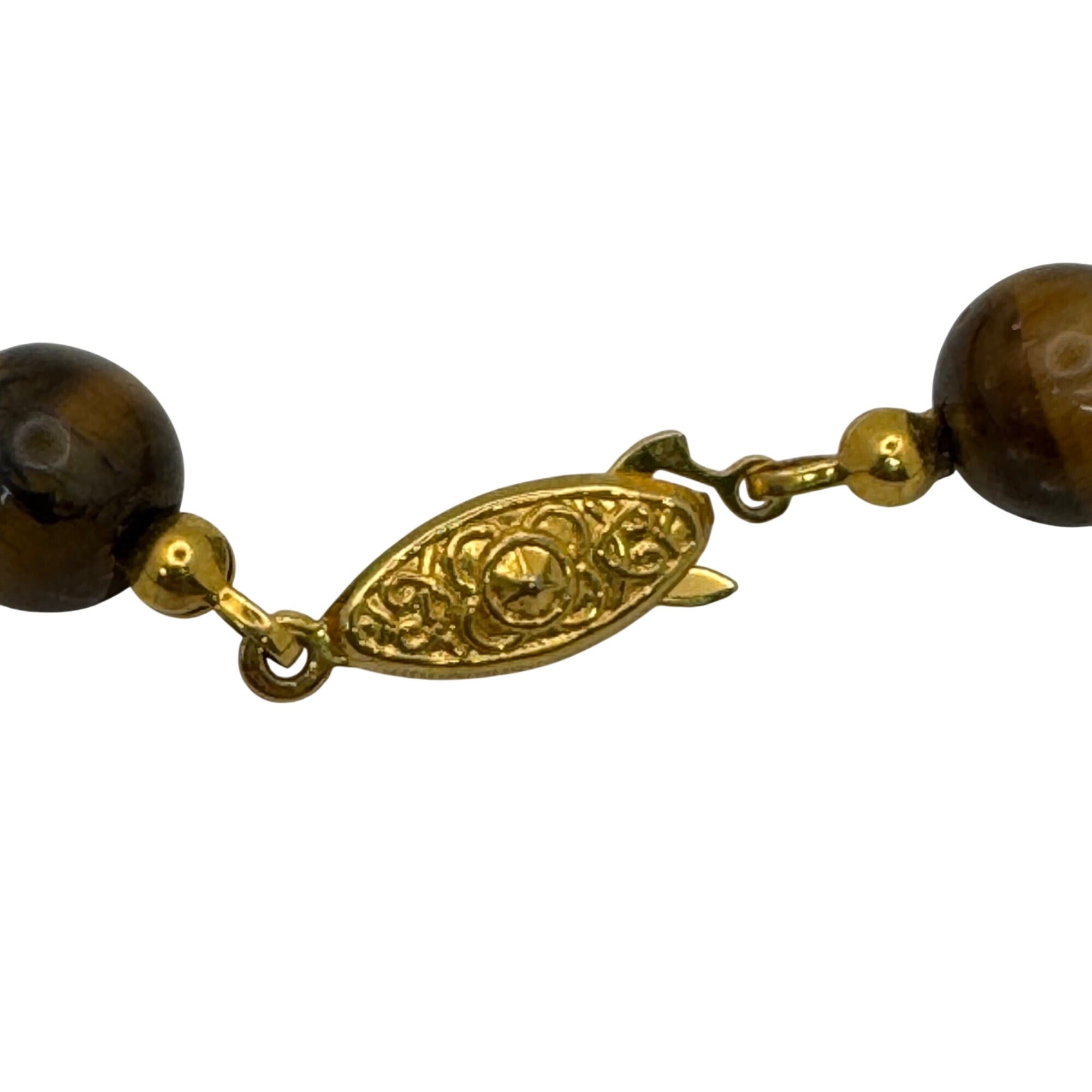 Tigers Eye Beaded Necklace 14K Gold Filled Clasp 34” Polished Heavy Statement