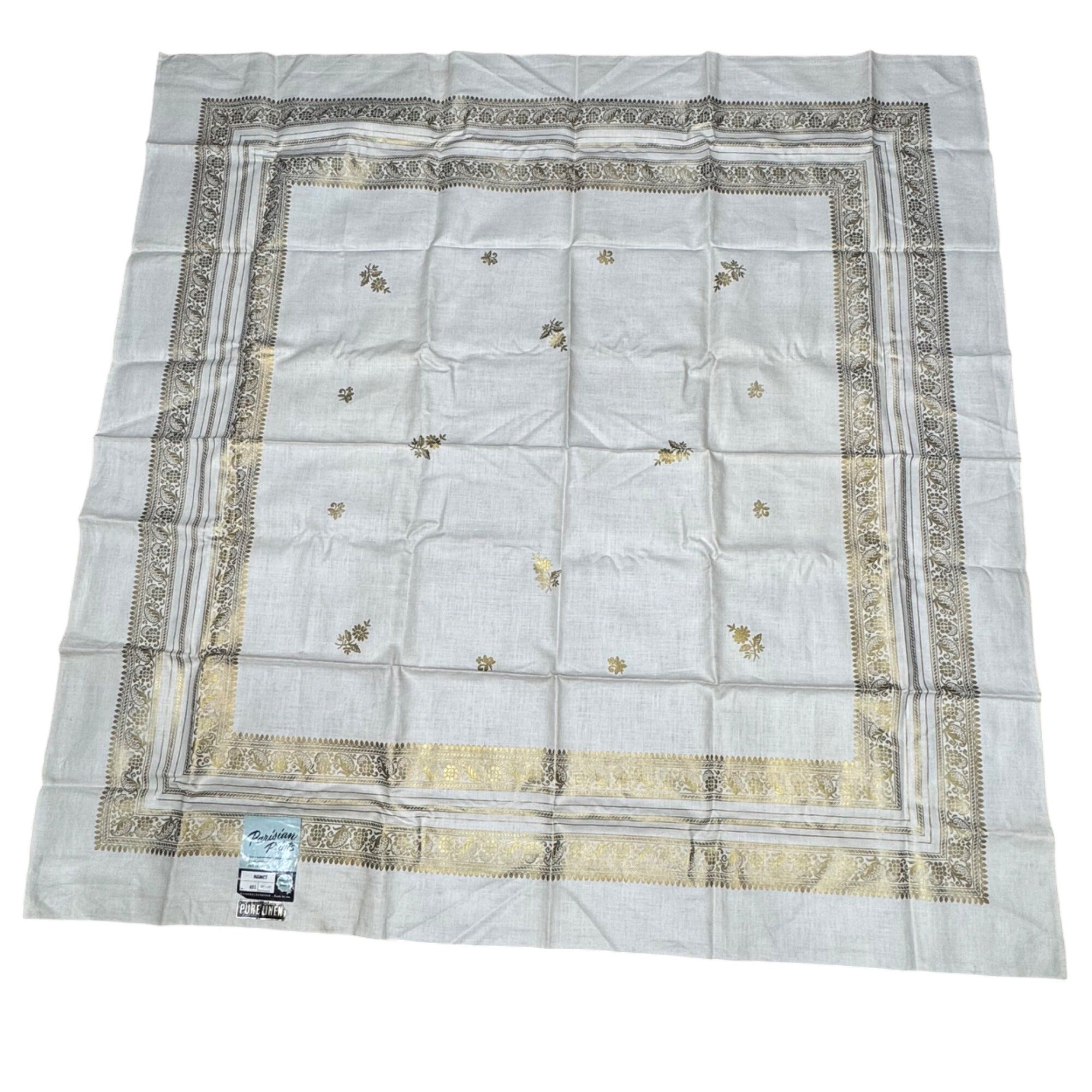 Parisian Prints Kismet Pure Linen 52" Square Tablecloth Gold Foil Floral Border