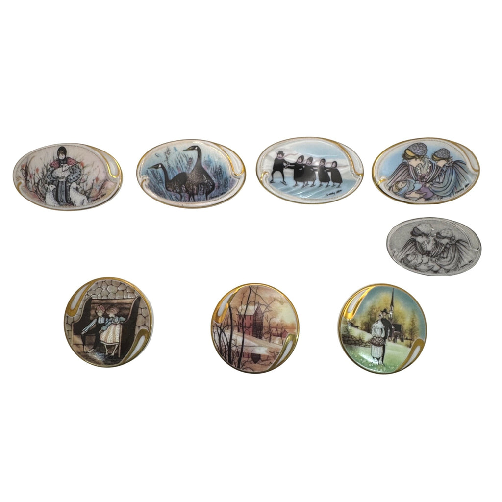 Lot Of 8 P. Buckley Moss Porcelain Membership Pins Brooches Signed Numbered Vtg