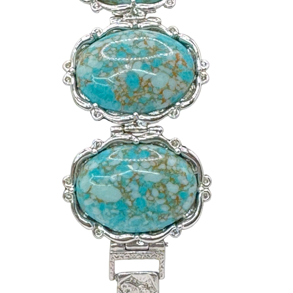 Vintage Claudia Agudelo Silver-Tone Turquoise Oval Cabochon Link Bracelet 7.5"