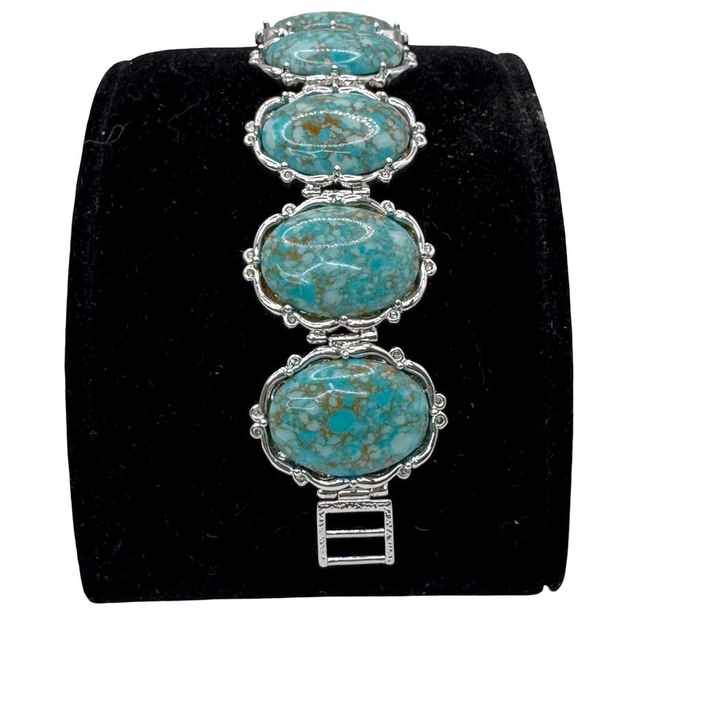 Vintage Claudia Agudelo Silver-Tone Turquoise Oval Cabochon Link Bracelet 7.5"