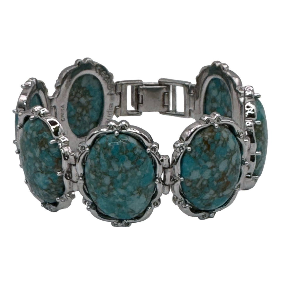 Vintage Claudia Agudelo Silver-Tone Turquoise Oval Cabochon Link Bracelet 7.5"