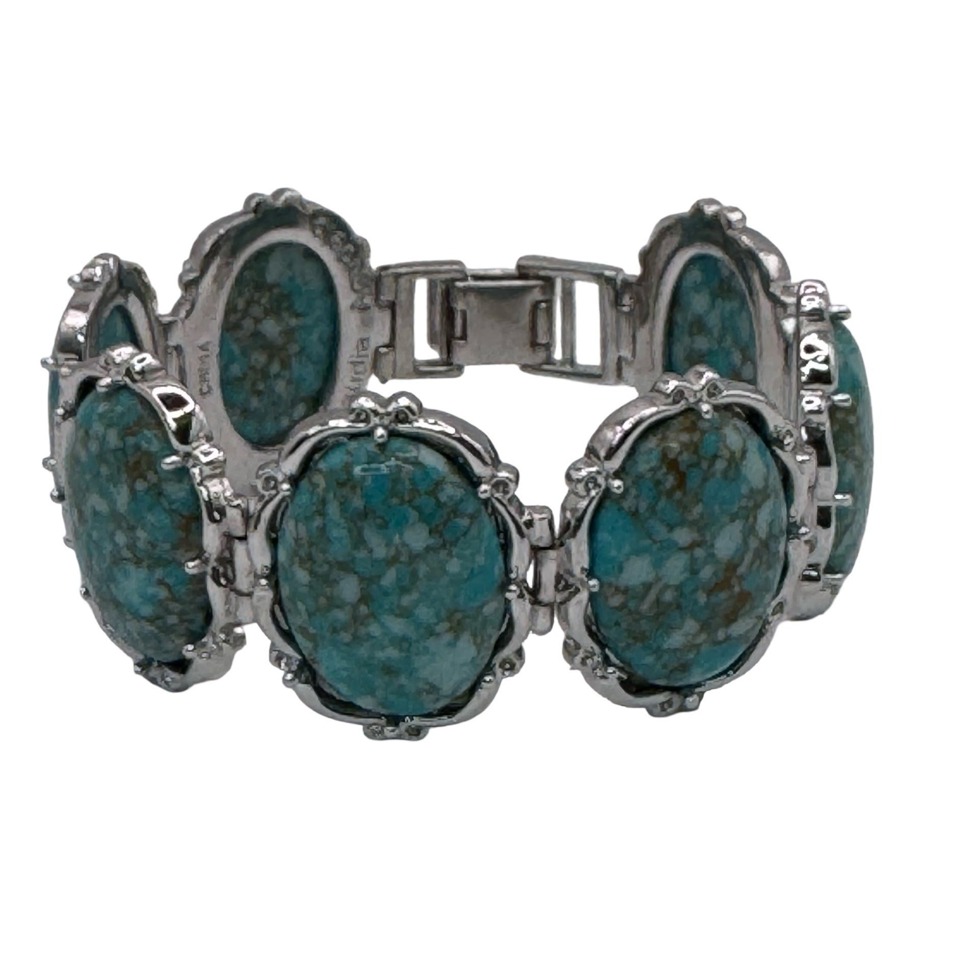 Vintage Claudia Agudelo Silver-Tone Turquoise Oval Cabochon Link Bracelet 7.5"