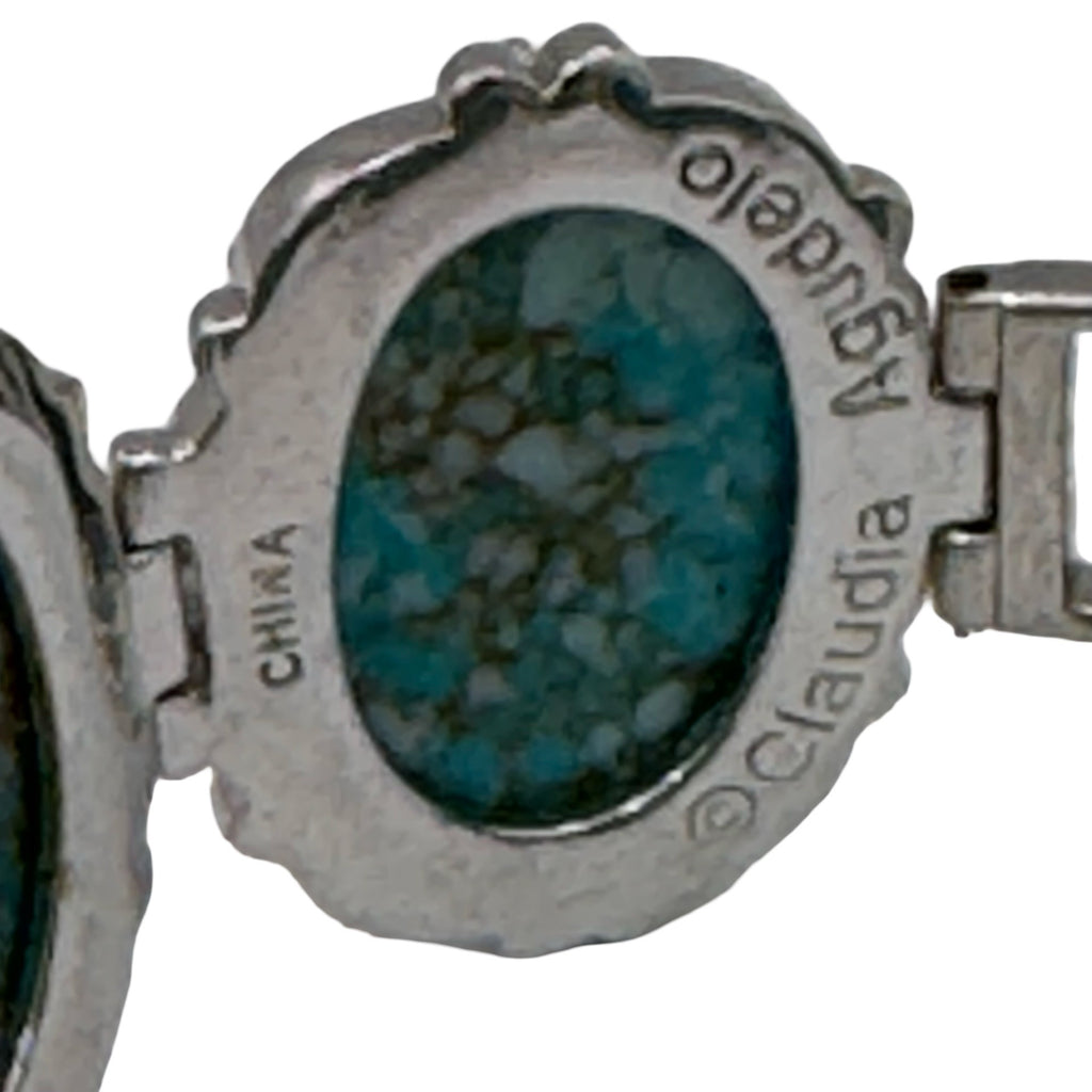 Vintage Claudia Agudelo Silver-Tone Turquoise Oval Cabochon Link Bracelet 7.5"