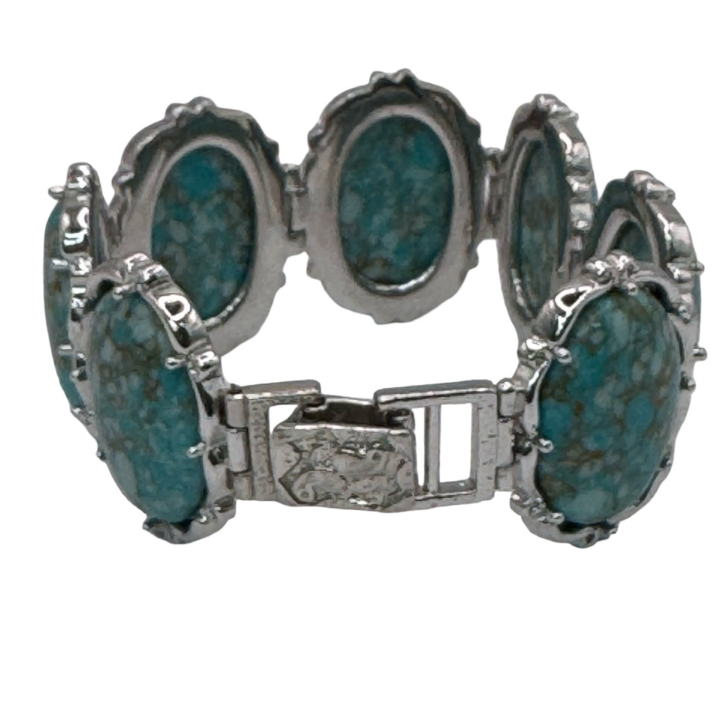 Vintage Claudia Agudelo Silver-Tone Turquoise Oval Cabochon Link Bracelet 7.5"