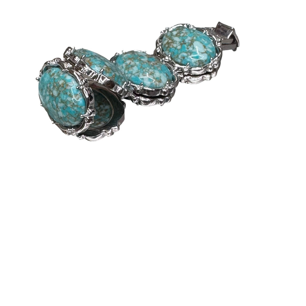Vintage Claudia Agudelo Silver-Tone Turquoise Oval Cabochon Link Bracelet 7.5"