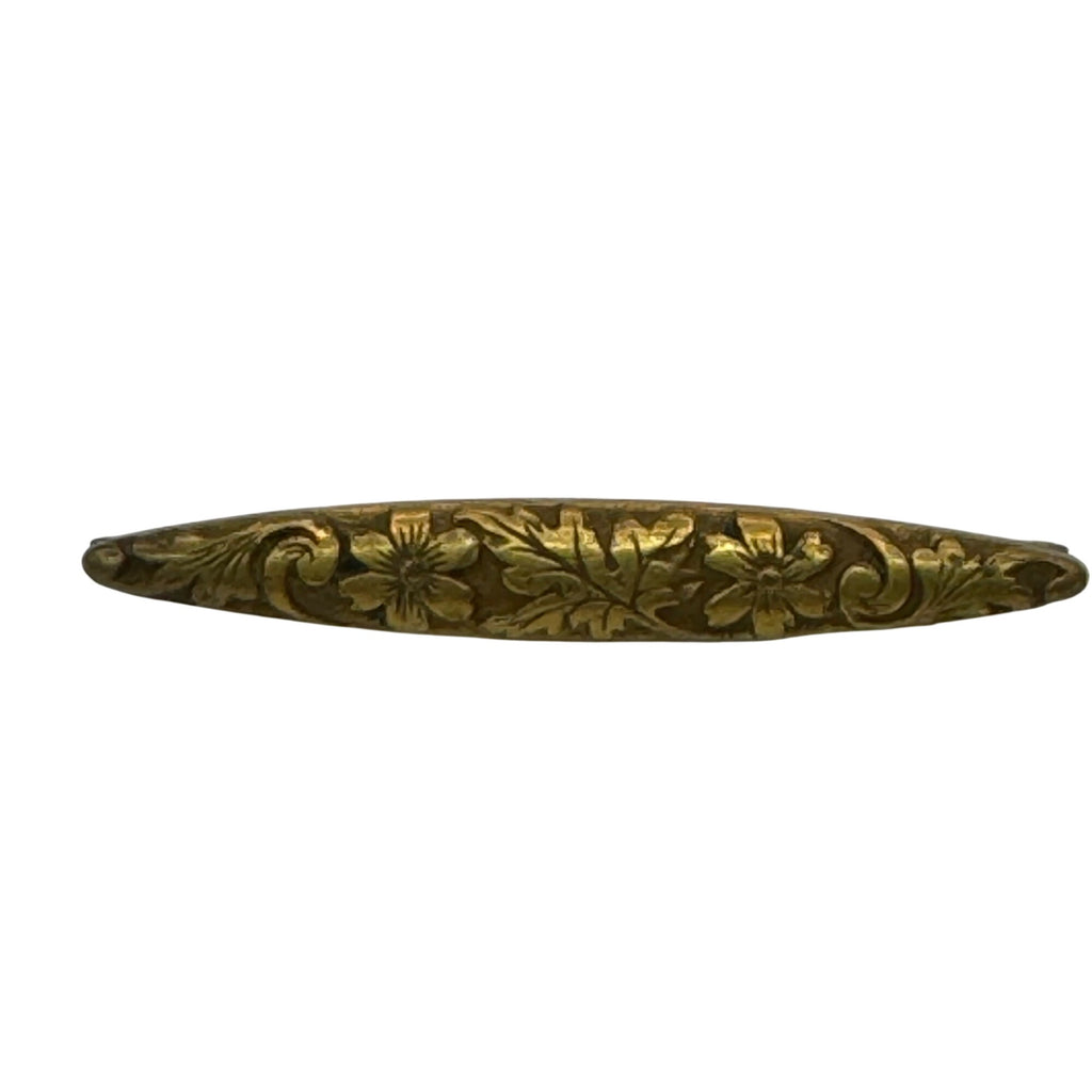 Antique Gold 14k Floral Engraved Bar Pin Brooch 1.5” Art Nouveau Leaf Scroll
