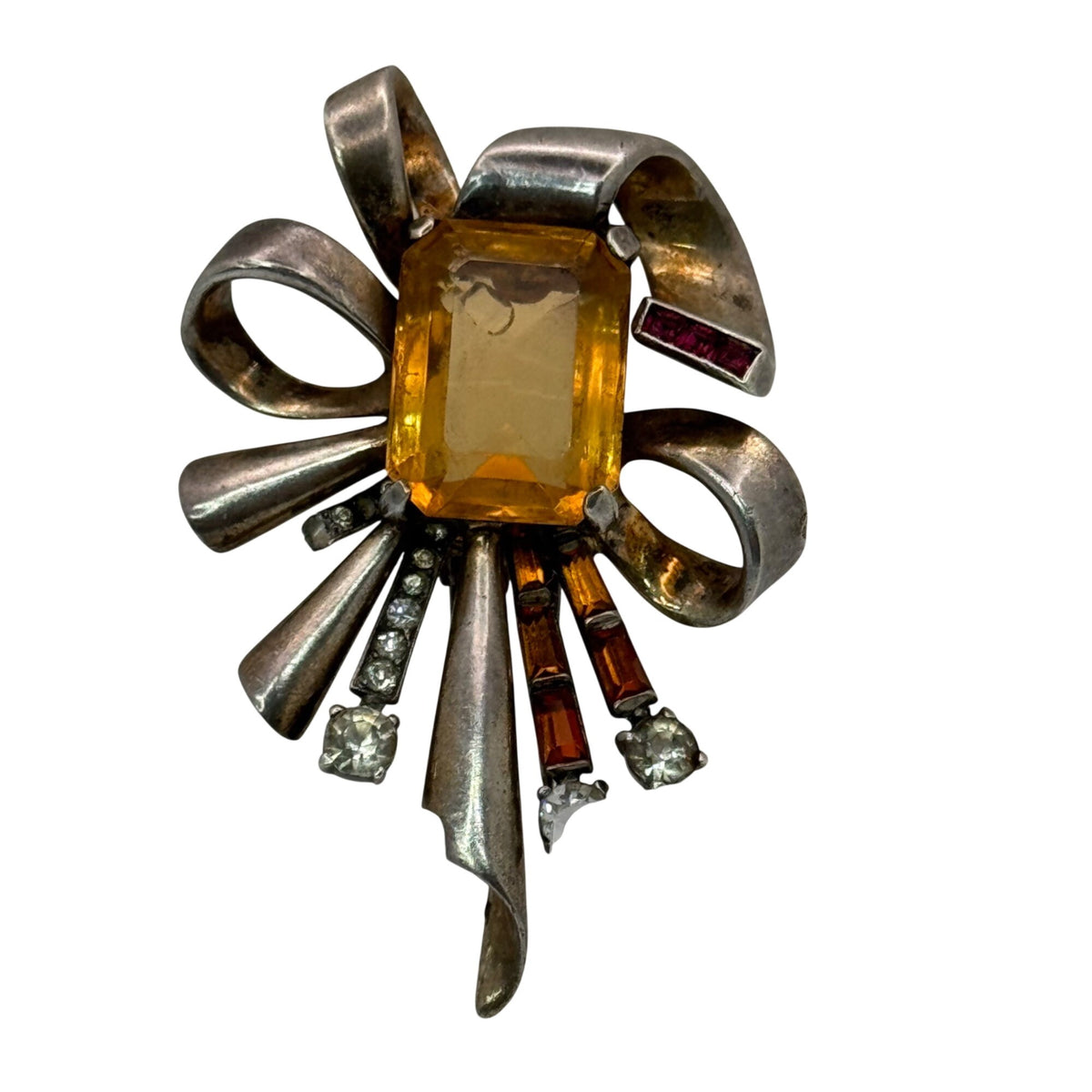 Topaz Amber Glass Sterling Fur Clip Mazer? Vintage Silver Bow Brooch Rhinestones