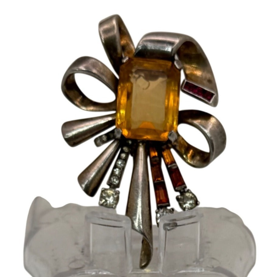 Topaz Amber Glass Sterling Fur Clip Mazer? Vintage Silver Bow Brooch Rhinestones