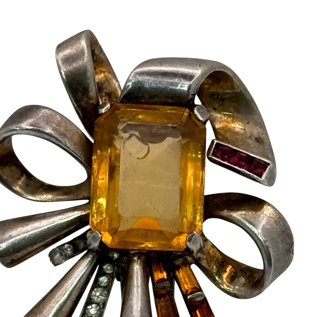 Topaz Amber Glass Sterling Fur Clip Mazer? Vintage Silver Bow Brooch Rhinestones