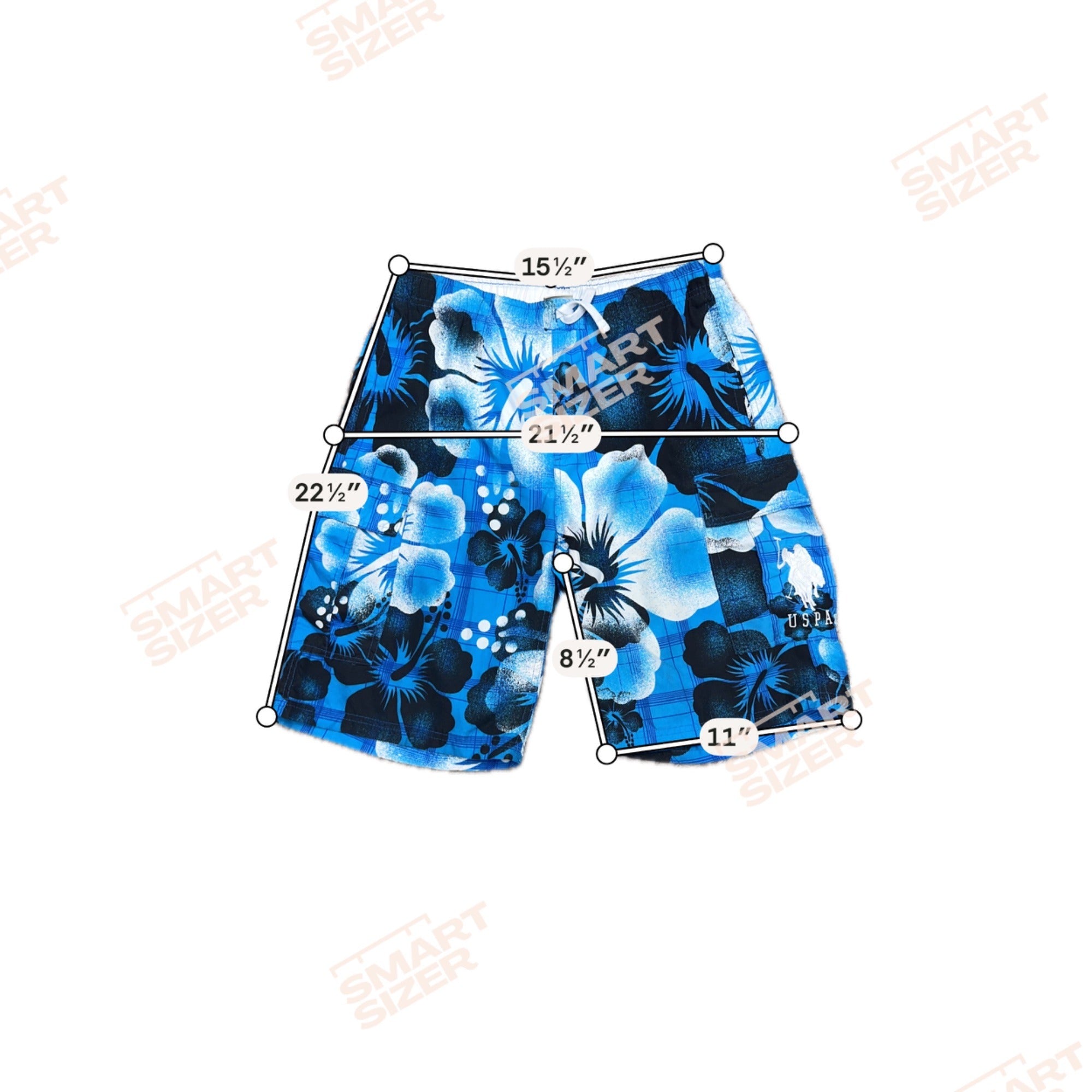U.S. Polo Assn. Mens Blue Floral Swim Trunks Medium Hawaiian Print Stretch Waist Drawstring Pockets Summer Beachwear