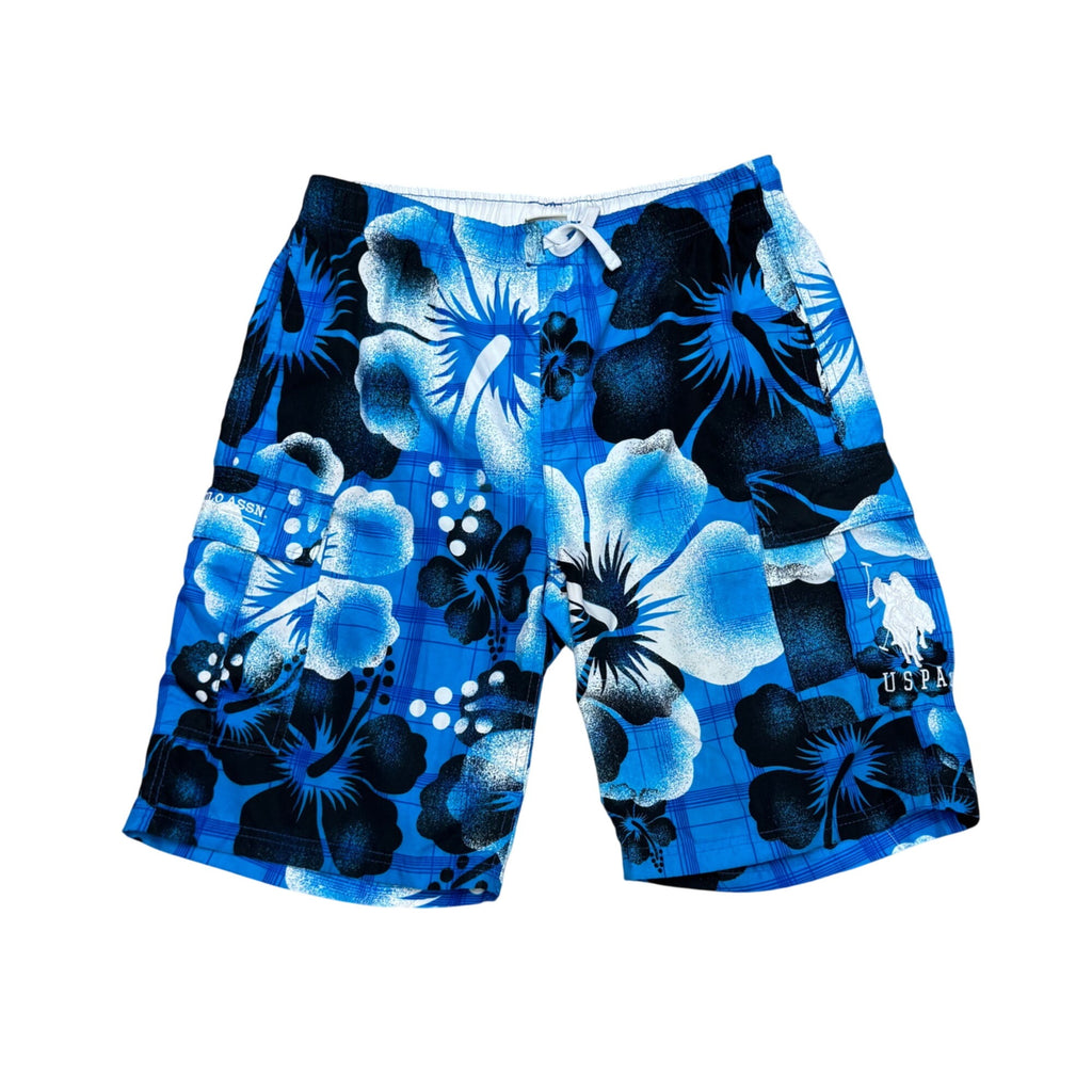 U.S. Polo Assn. Mens Blue Floral Swim Trunks Medium Hawaiian Print Stretch Waist Drawstring Pockets Summer Beachwear
