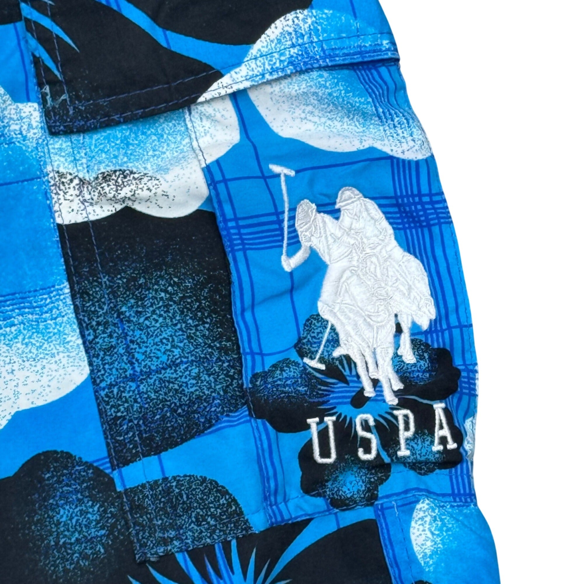 U.S. Polo Assn. Mens Blue Floral Swim Trunks Medium Hawaiian Print Stretch Waist Drawstring Pockets Summer Beachwear