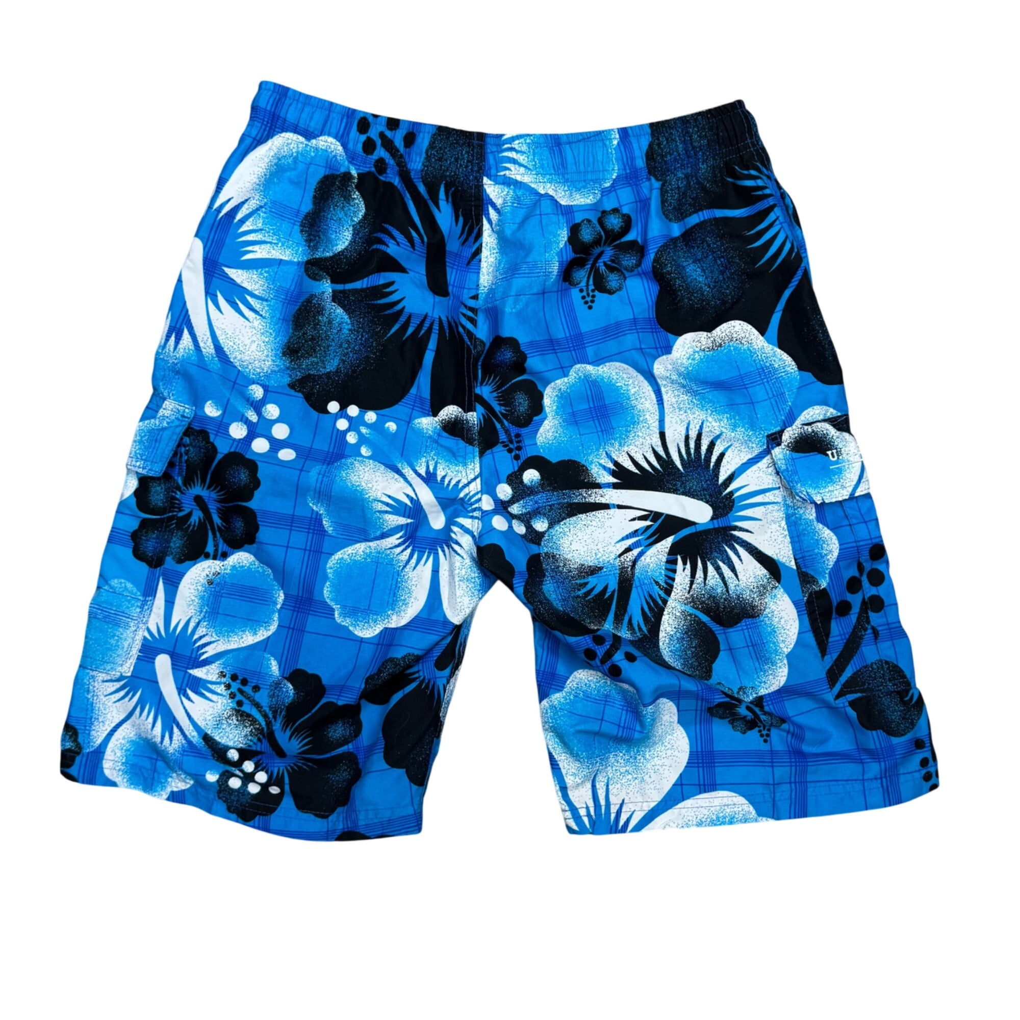U.S. Polo Assn. Mens Blue Floral Swim Trunks Medium Hawaiian Print Stretch Waist Drawstring Pockets Summer Beachwear