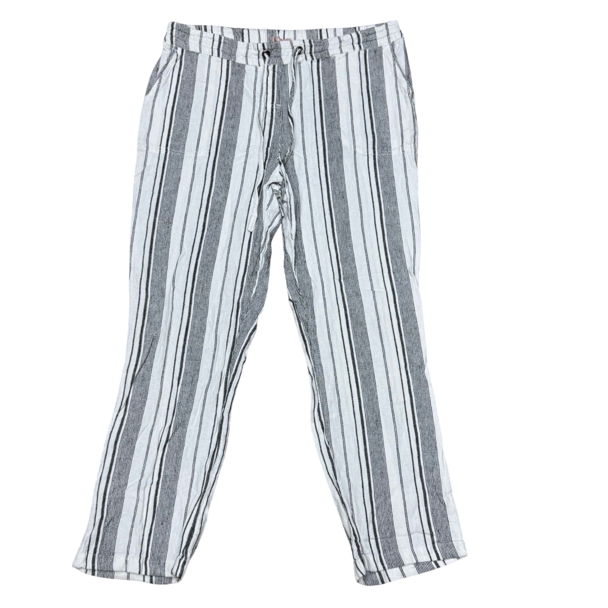 Per Se Womens Striped Linen-Blend Pants L Black & White Size Large Flare Leg
