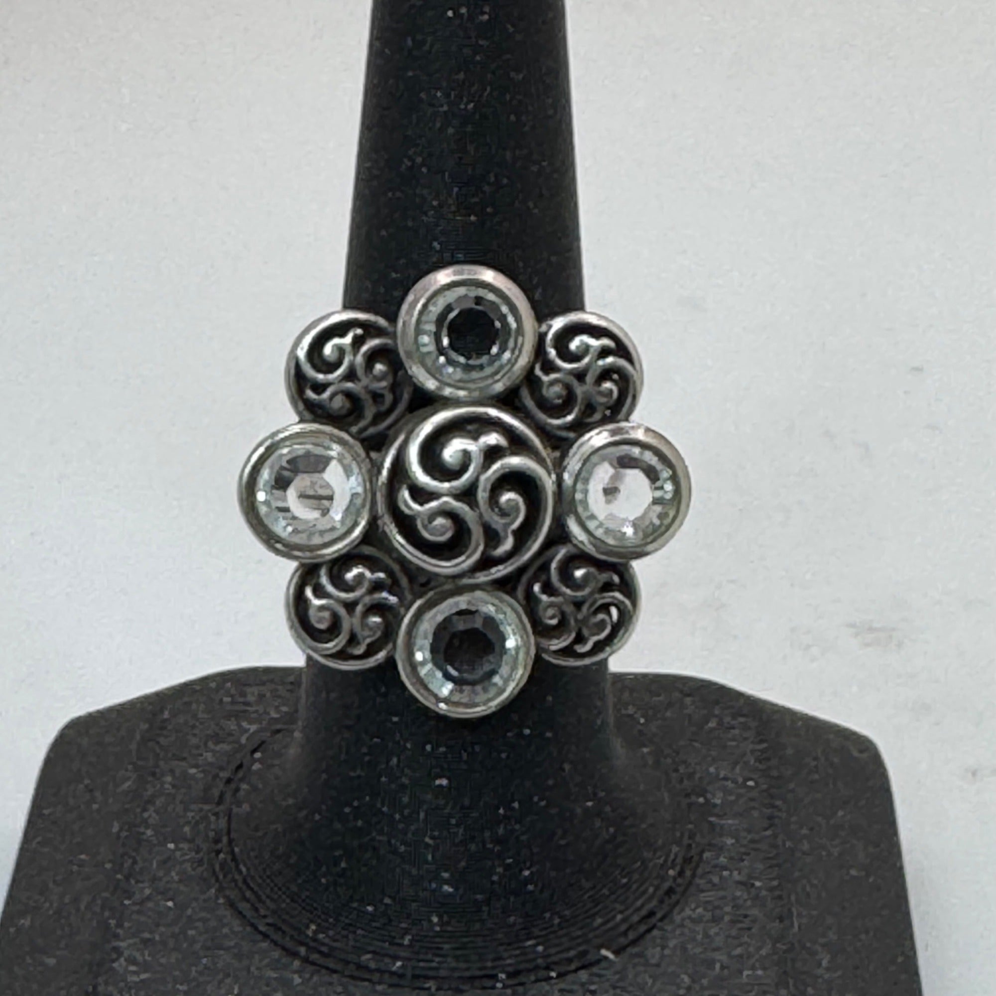 Brighton Silver Celtic Triskele Flower Statement Ring Swirl Ring Clear Crystals