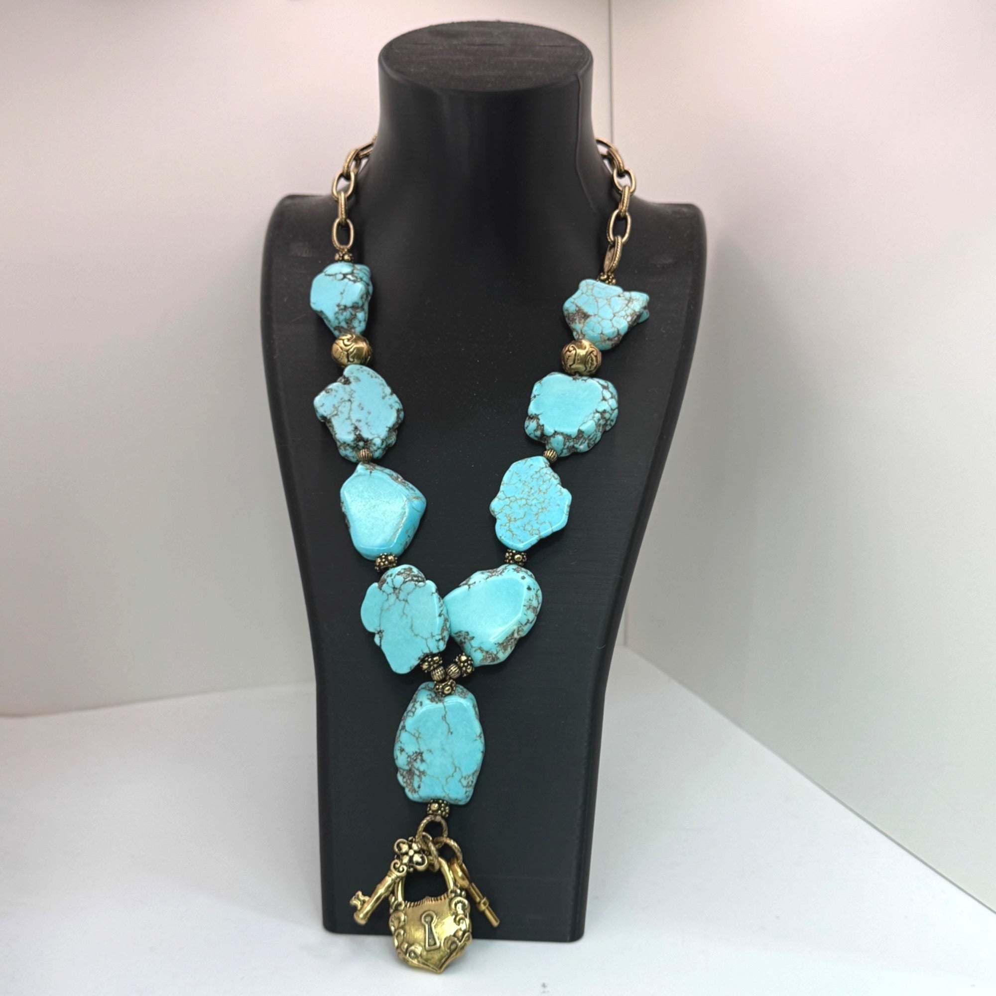 Patricia NashTurquoise Necklace Gold-Tone Lock & Key Charm Pendant 19" Southwest