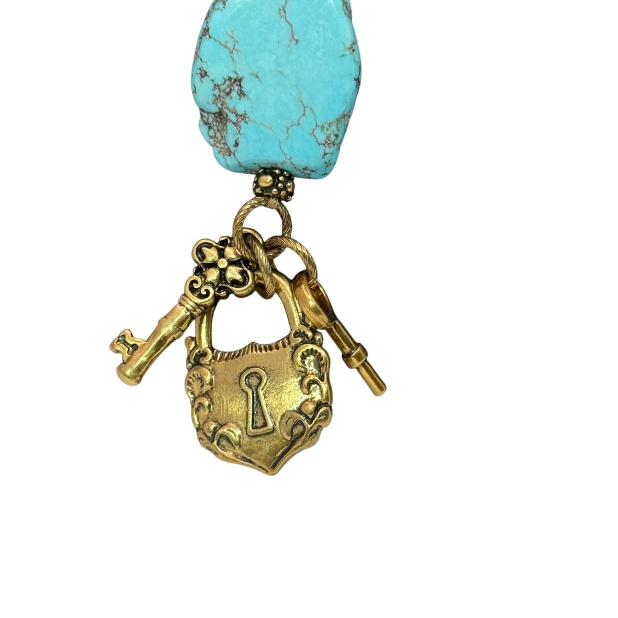 Patricia NashTurquoise Necklace Gold-Tone Lock & Key Charm Pendant 19" Southwest