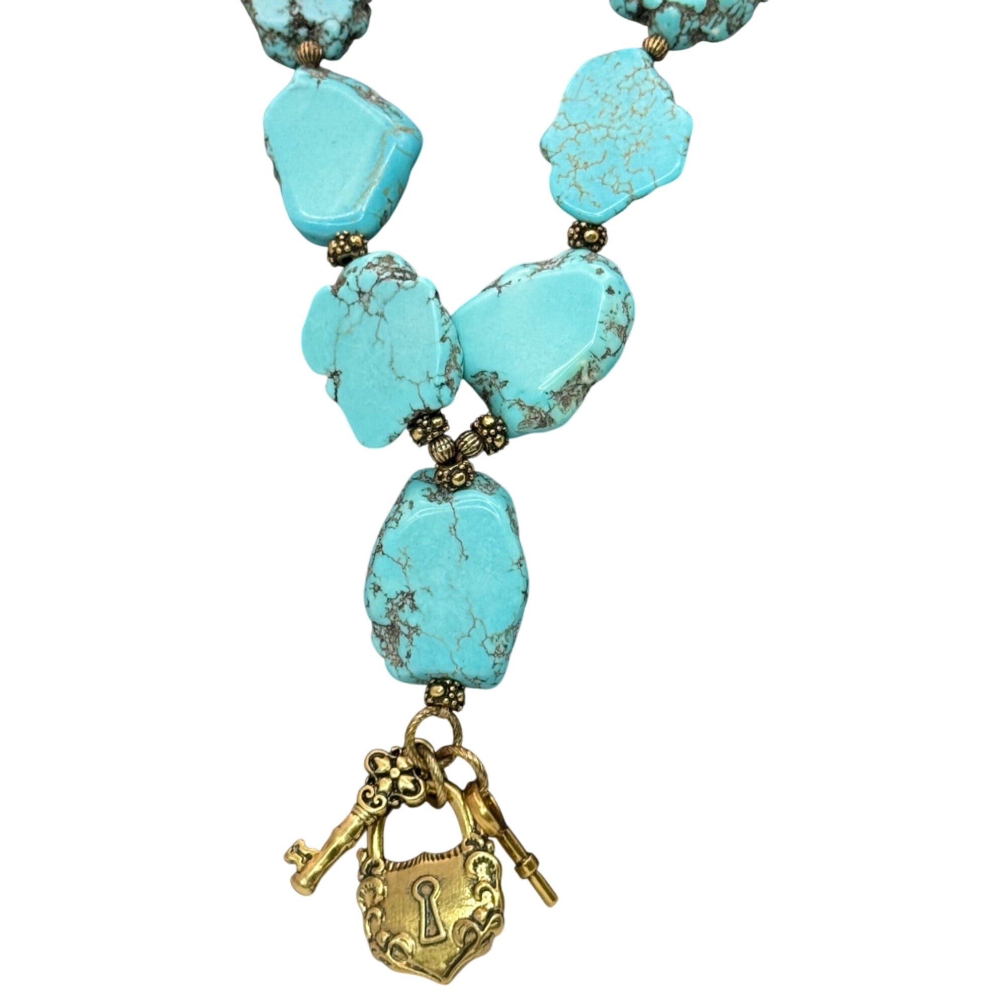 Patricia NashTurquoise Necklace Gold-Tone Lock & Key Charm Pendant 19" Southwest