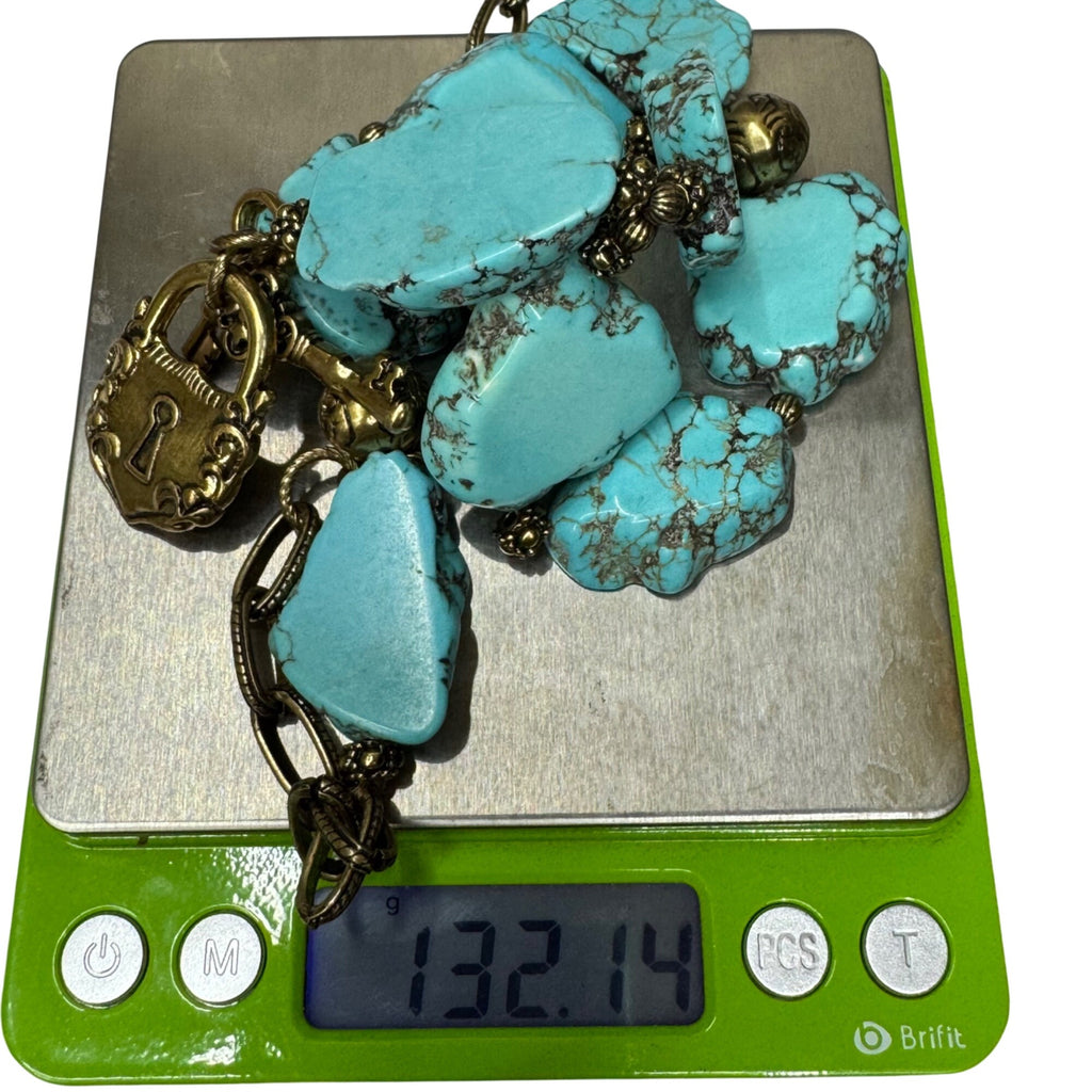 Patricia NashTurquoise Necklace Gold-Tone Lock & Key Charm Pendant 19" Southwest