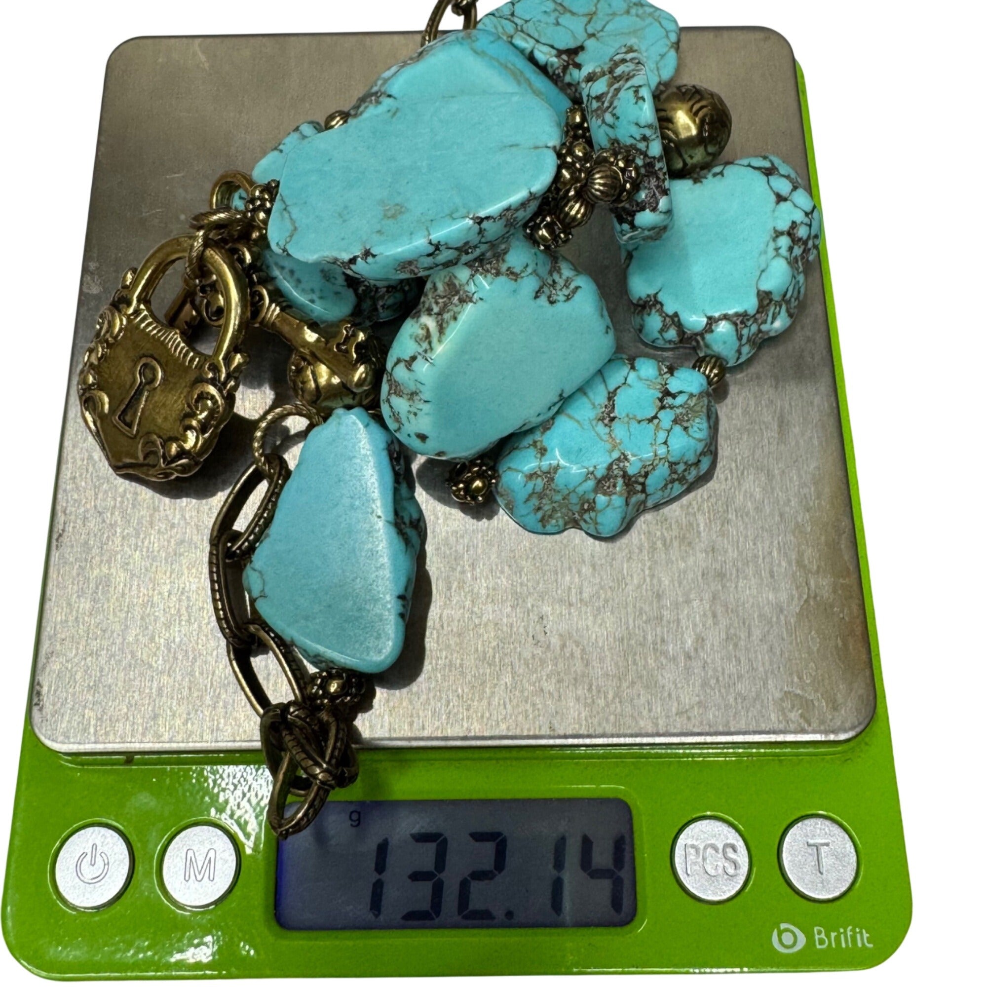 Patricia NashTurquoise Necklace Gold-Tone Lock & Key Charm Pendant 19" Southwest