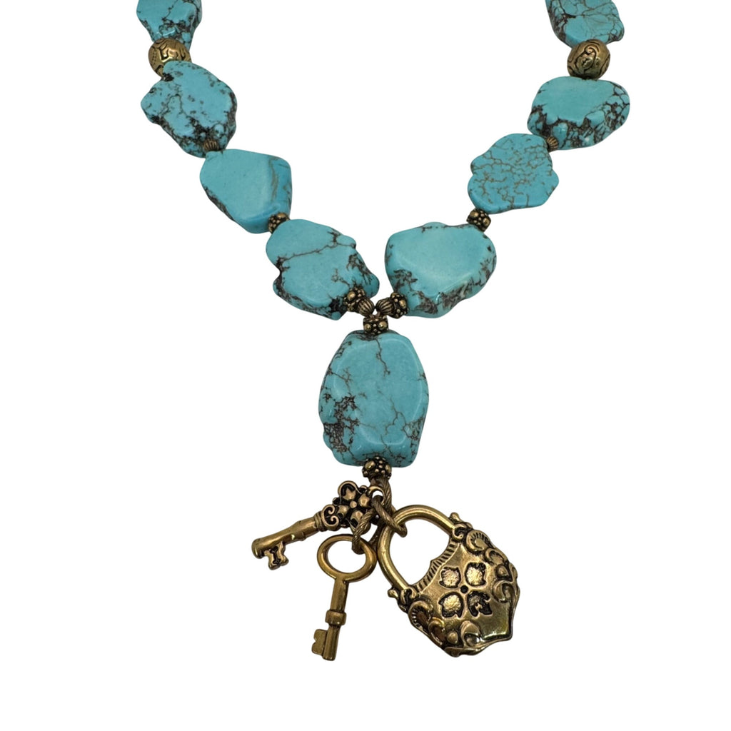 Patricia NashTurquoise Necklace Gold-Tone Lock & Key Charm Pendant 19" Southwest