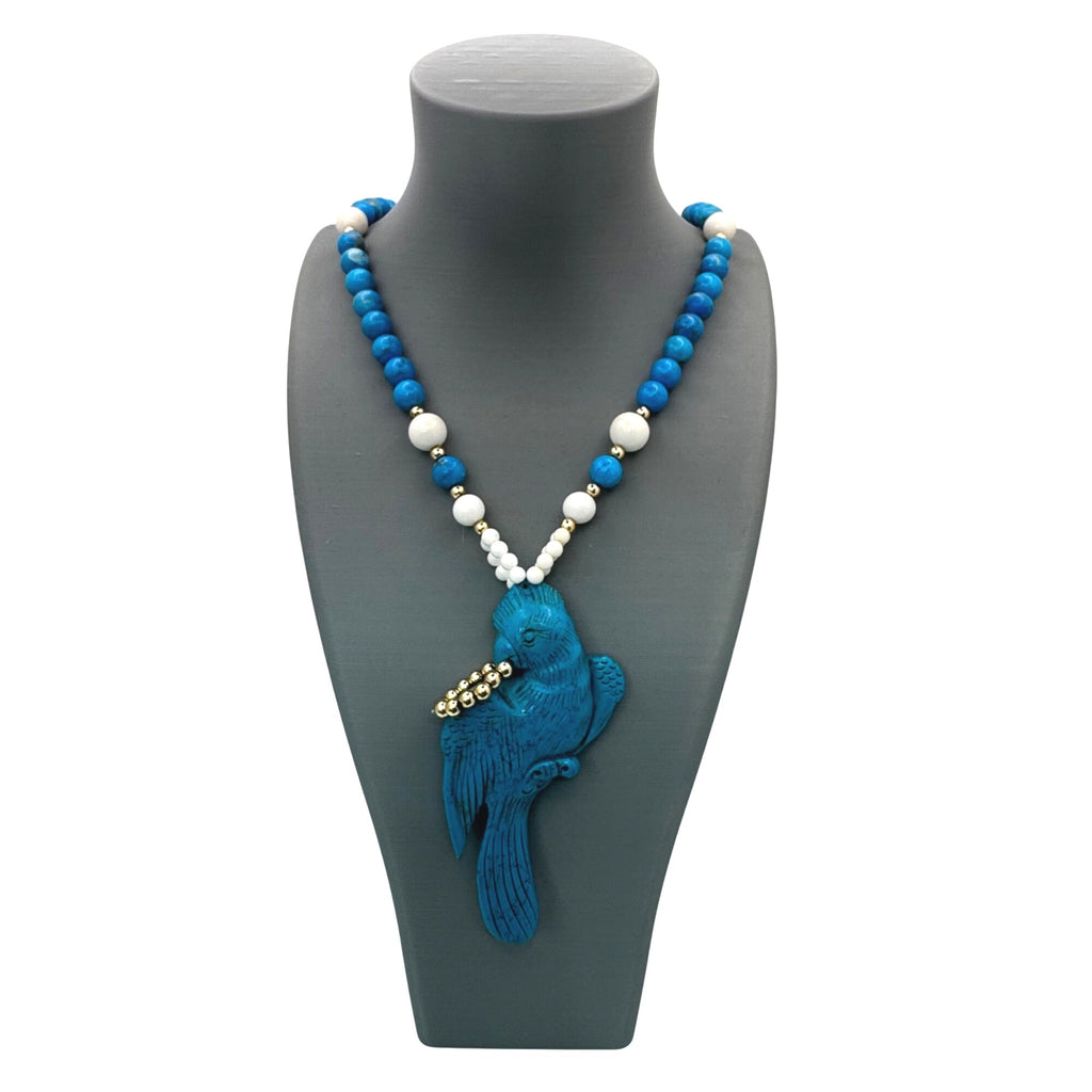 Carved Parrot Turquoise Statement Blue & White Glass Beaded Necklace Pendant 30"