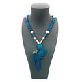 Carved Parrot Turquoise Statement Blue & White Glass Beaded Necklace Pendant 30"