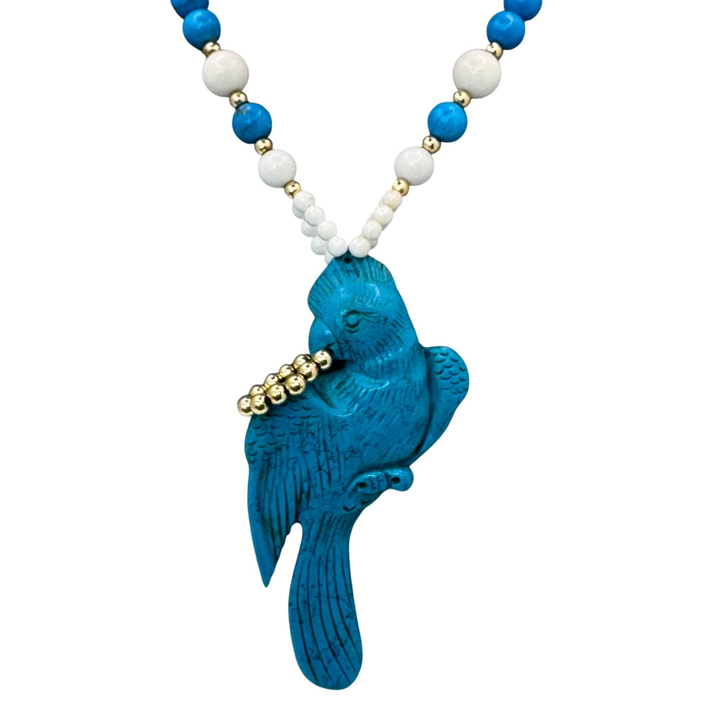 Carved Parrot Turquoise Statement Blue & White Glass Beaded Necklace Pendant 30"