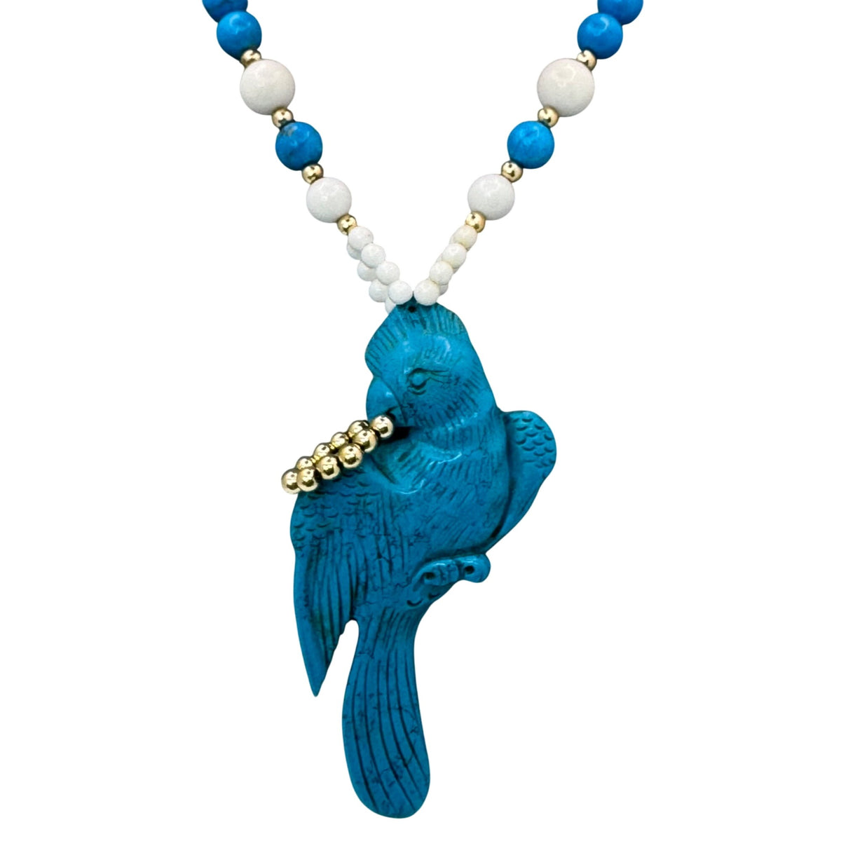 Carved Parrot Turquoise Statement Blue & White Glass Beaded Necklace Pendant 30"
