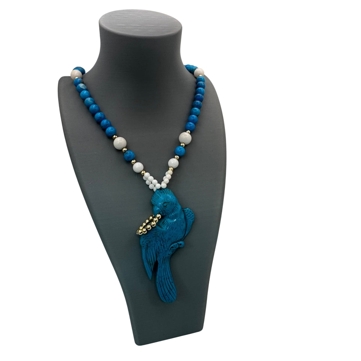Carved Parrot Turquoise Statement Blue & White Glass Beaded Necklace Pendant 30"