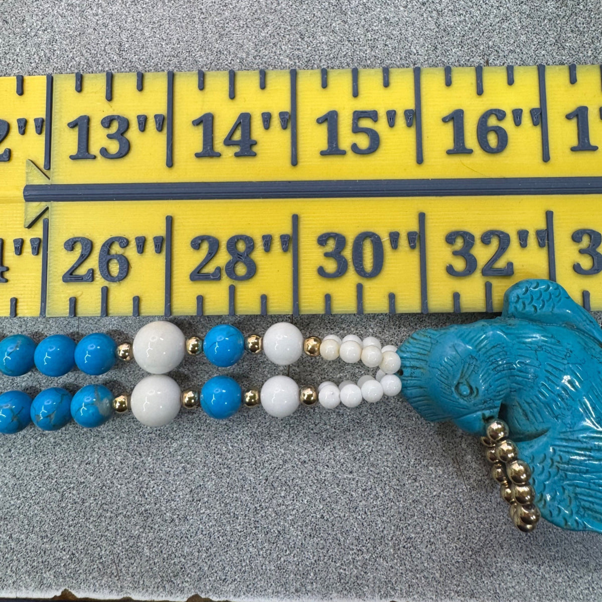 Carved Parrot Turquoise Statement Blue & White Glass Beaded Necklace Pendant 30"