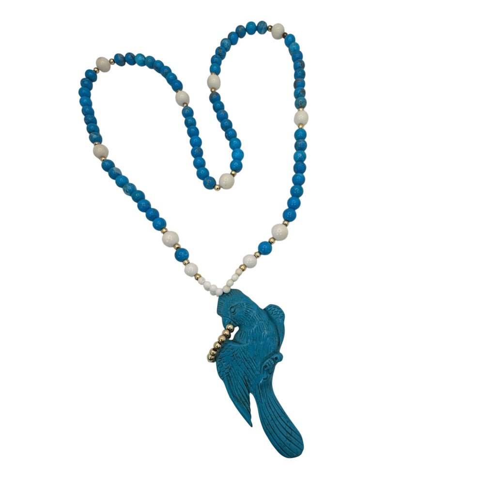 Carved Parrot Turquoise Statement Blue & White Glass Beaded Necklace Pendant 30"