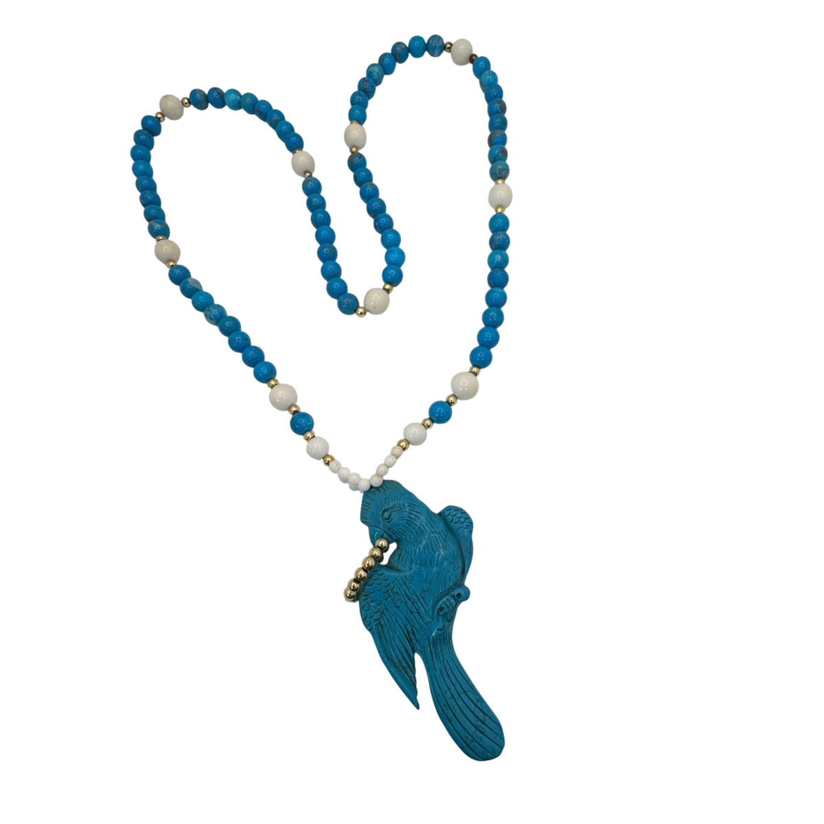 Carved Parrot Turquoise Statement Blue & White Glass Beaded Necklace Pendant 30"