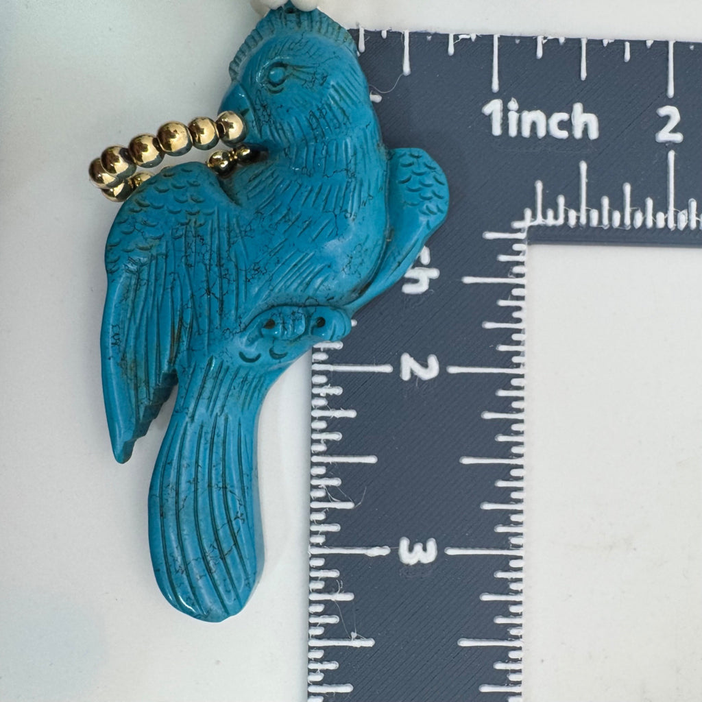 Carved Parrot Turquoise Statement Blue & White Glass Beaded Necklace Pendant 30"