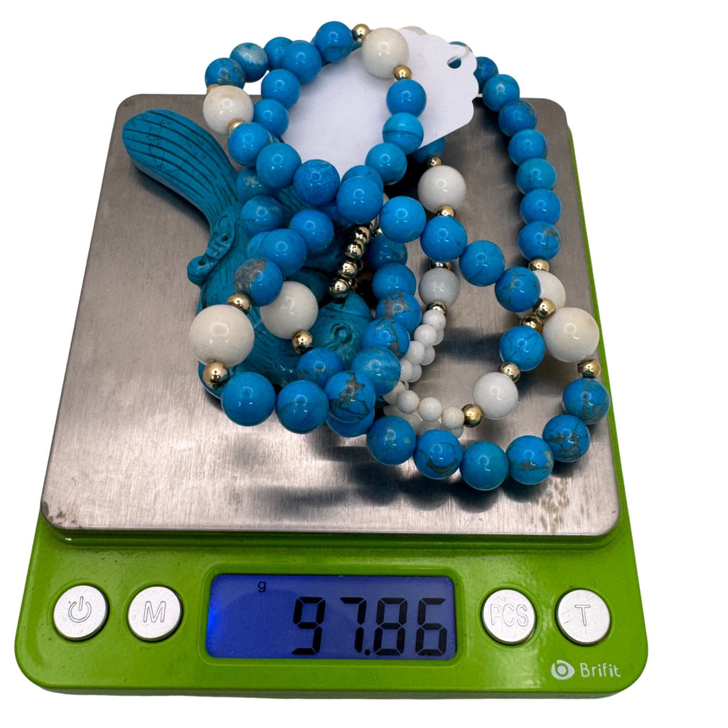 Carved Parrot Turquoise Statement Blue & White Glass Beaded Necklace Pendant 30"