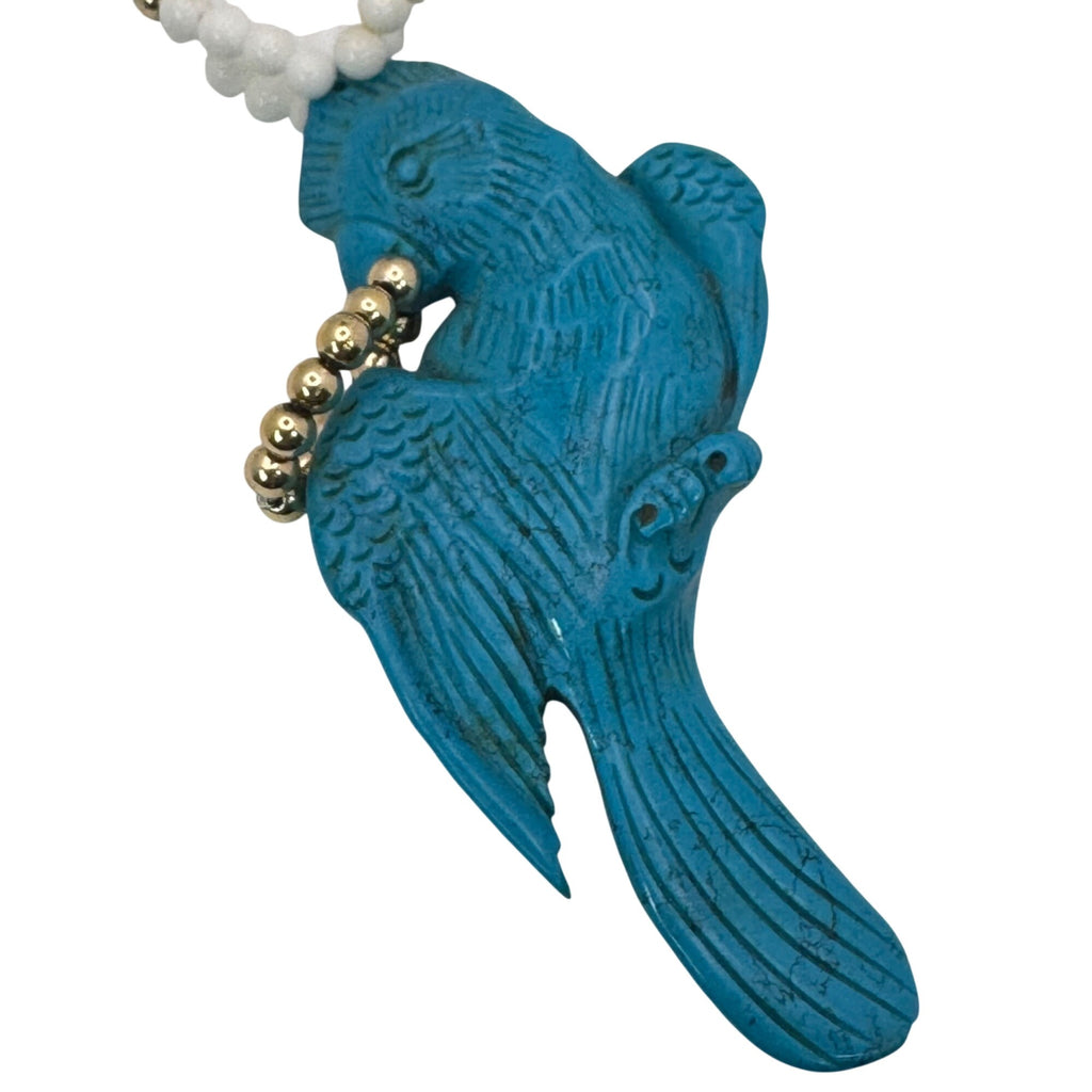 Carved Parrot Turquoise Statement Blue & White Glass Beaded Necklace Pendant 30"