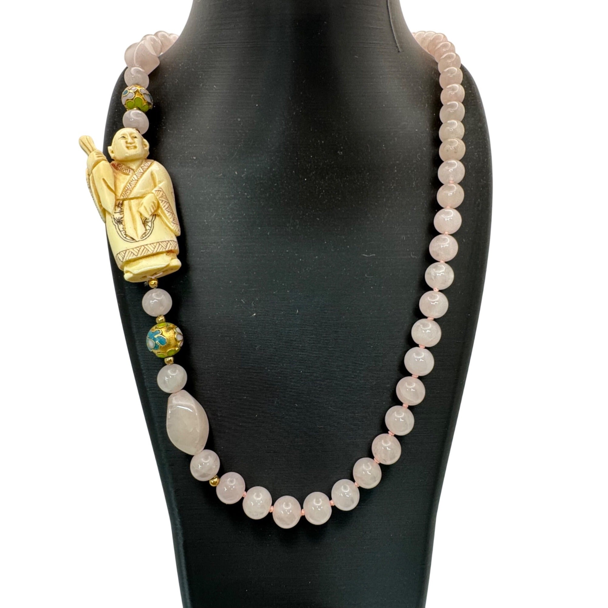 Vintage Hand Carved Buddha Pendant Necklace Pink Rose Quartz Beads Cloisonné 32"