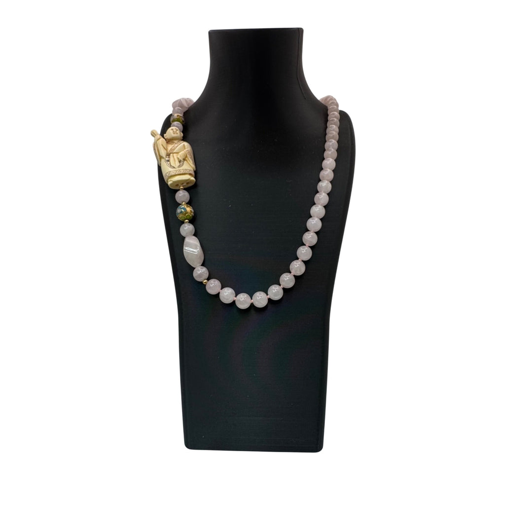 Vintage Hand Carved Buddha Pendant Necklace Pink Rose Quartz Beads Cloisonné 32"