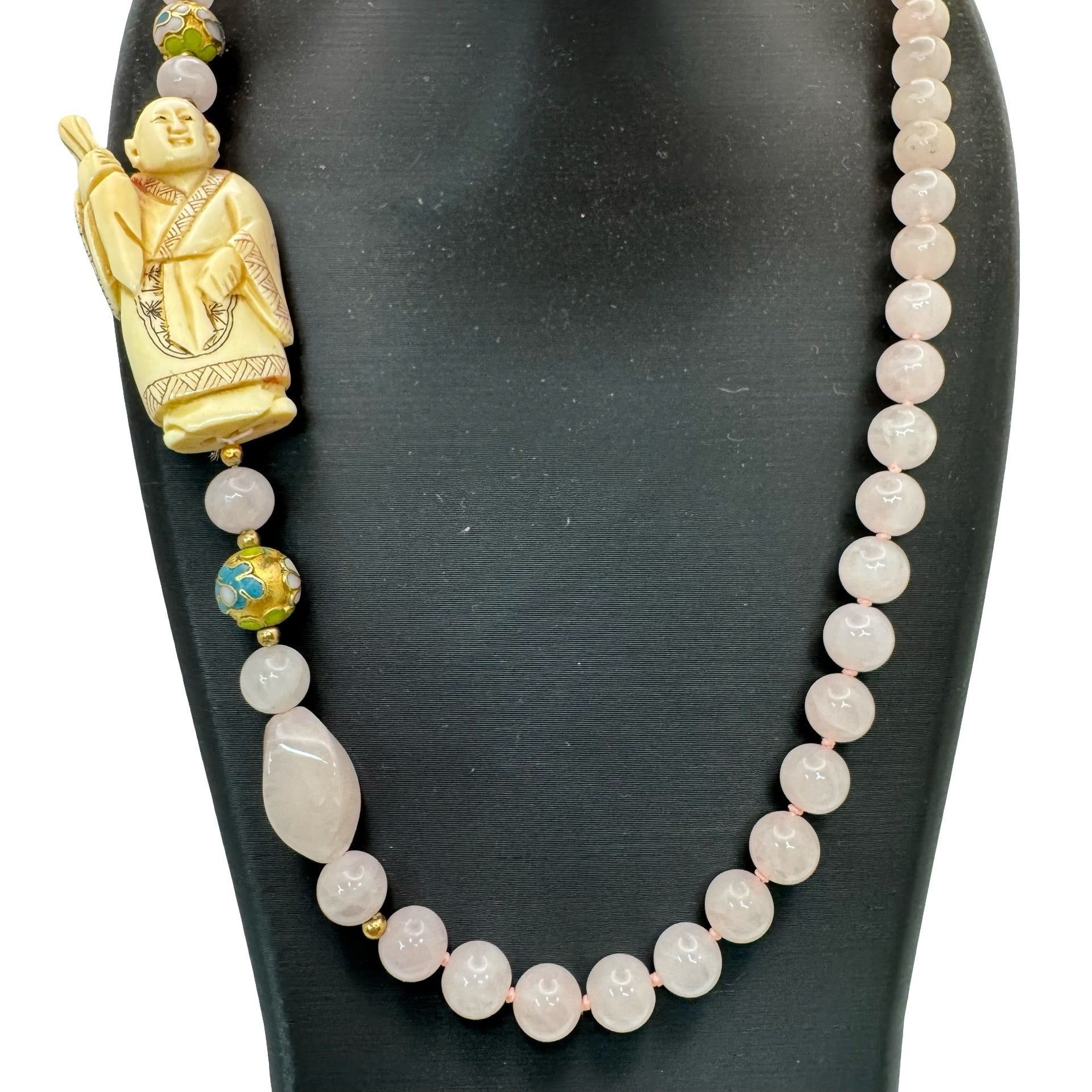 Vintage Hand Carved Buddha Pendant Necklace Pink Rose Quartz Beads Cloisonné 32"