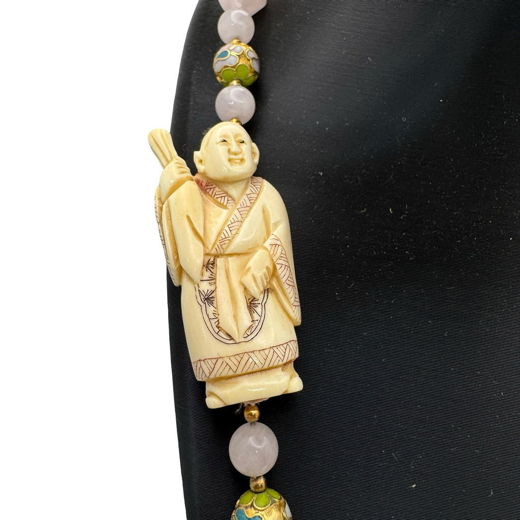 Vintage Hand Carved Buddha Pendant Necklace Pink Rose Quartz Beads Cloisonné 32"