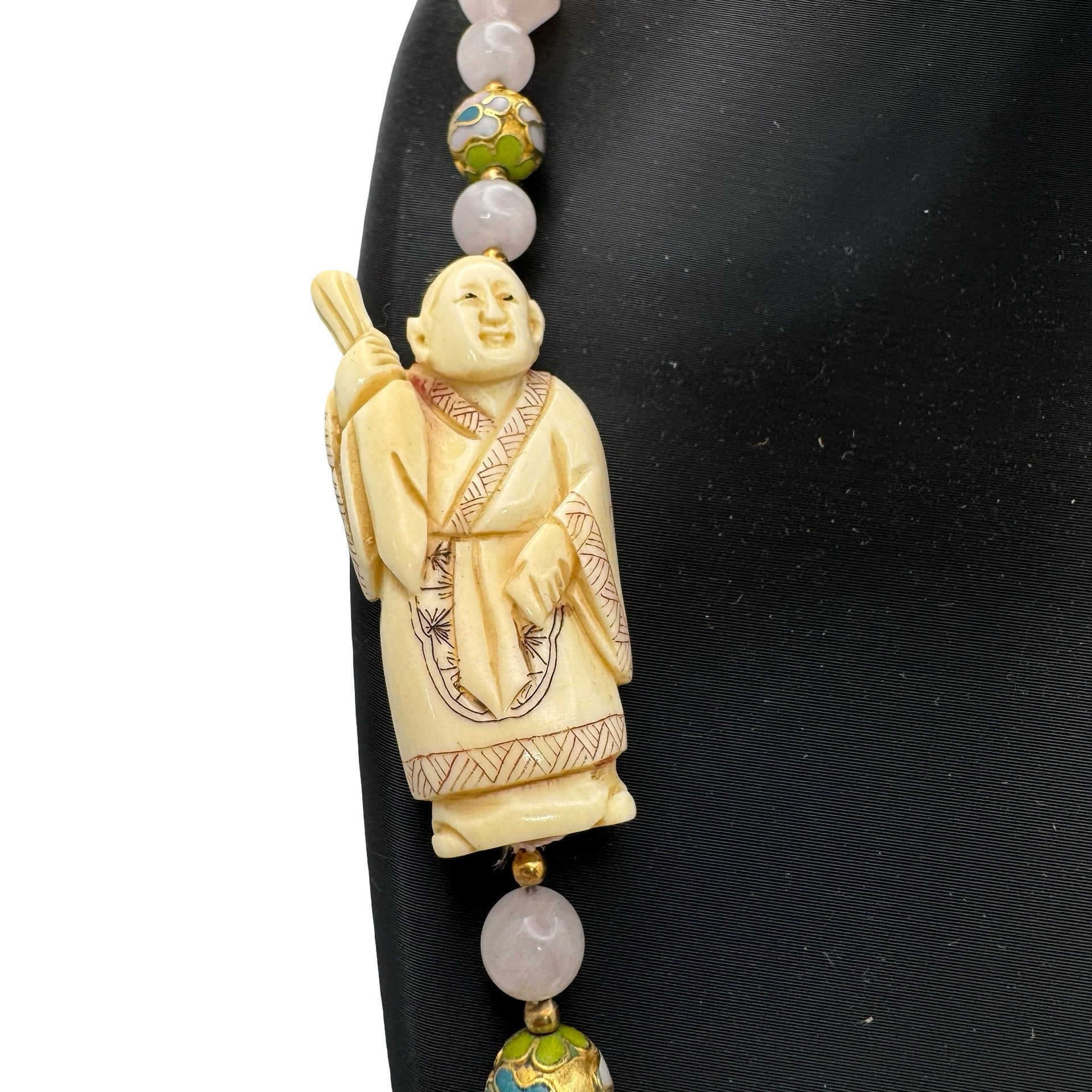 Vintage Hand Carved Buddha Pendant Necklace Pink Rose Quartz Beads Cloisonné 32"