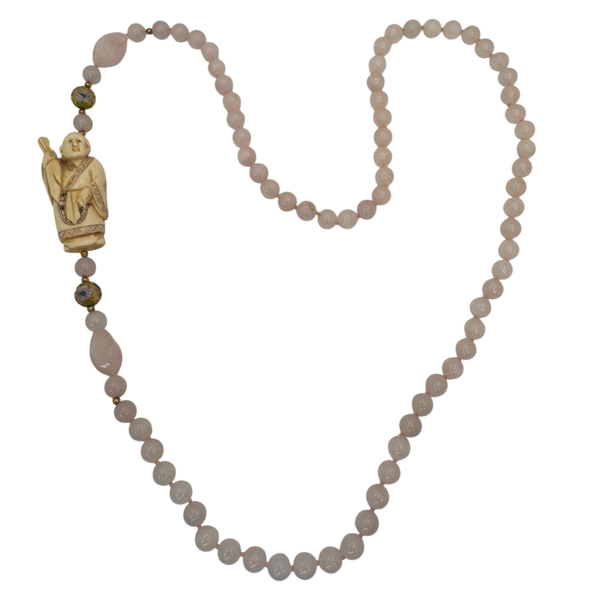 Vintage Hand Carved Buddha Pendant Necklace Pink Rose Quartz Beads Cloisonné 32"