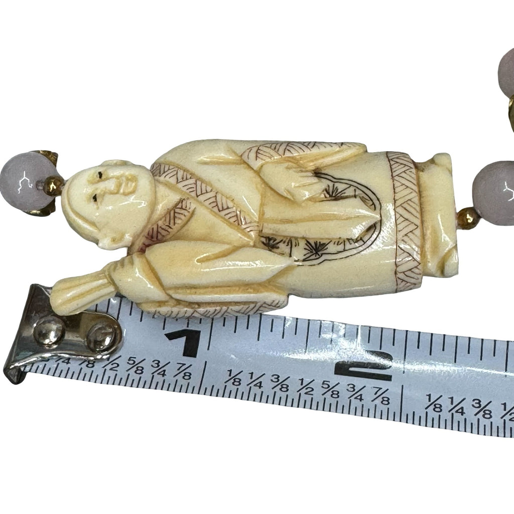 Vintage Hand Carved Buddha Pendant Necklace Pink Rose Quartz Beads Cloisonné 32"