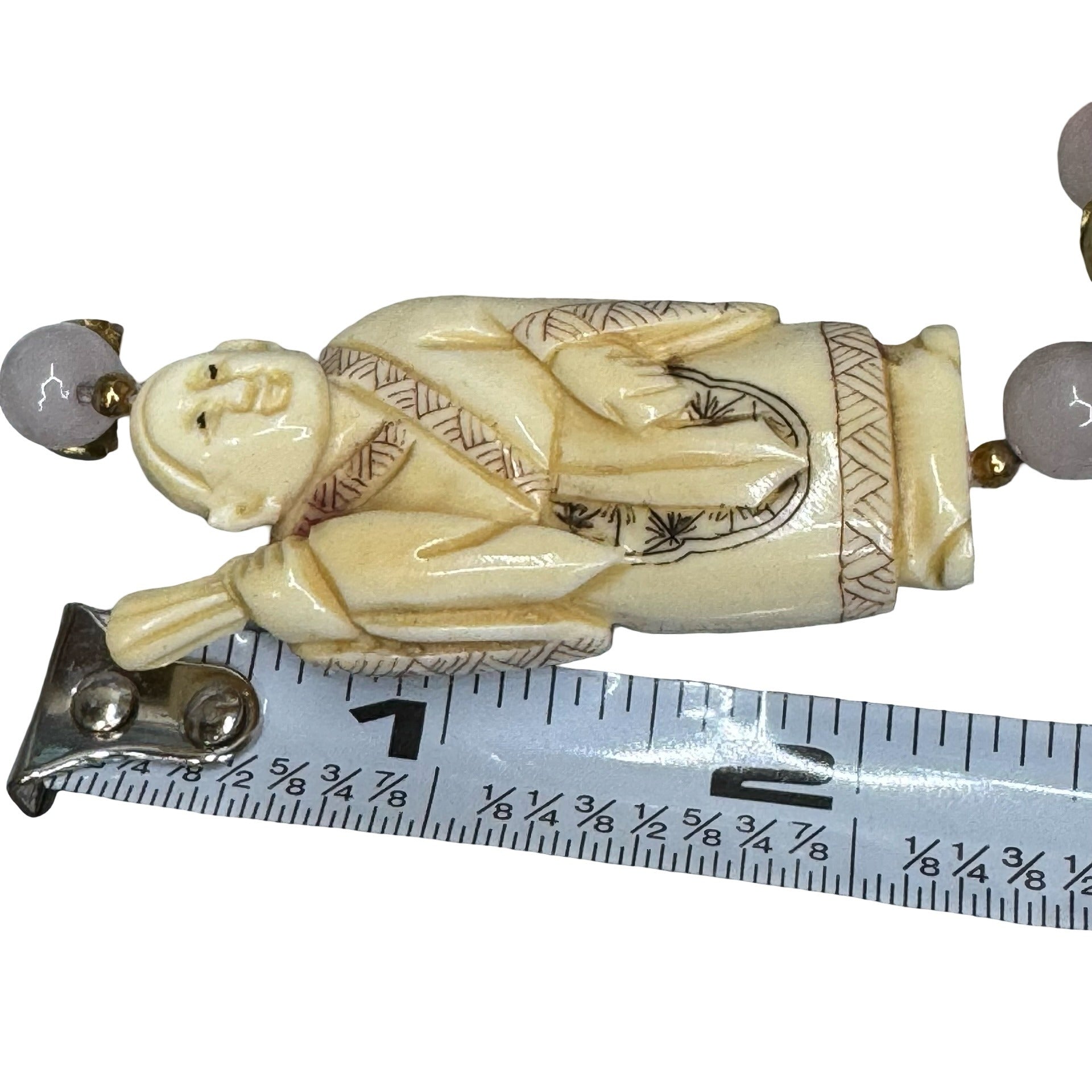 Vintage Hand Carved Buddha Pendant Necklace Pink Rose Quartz Beads Cloisonné 32"