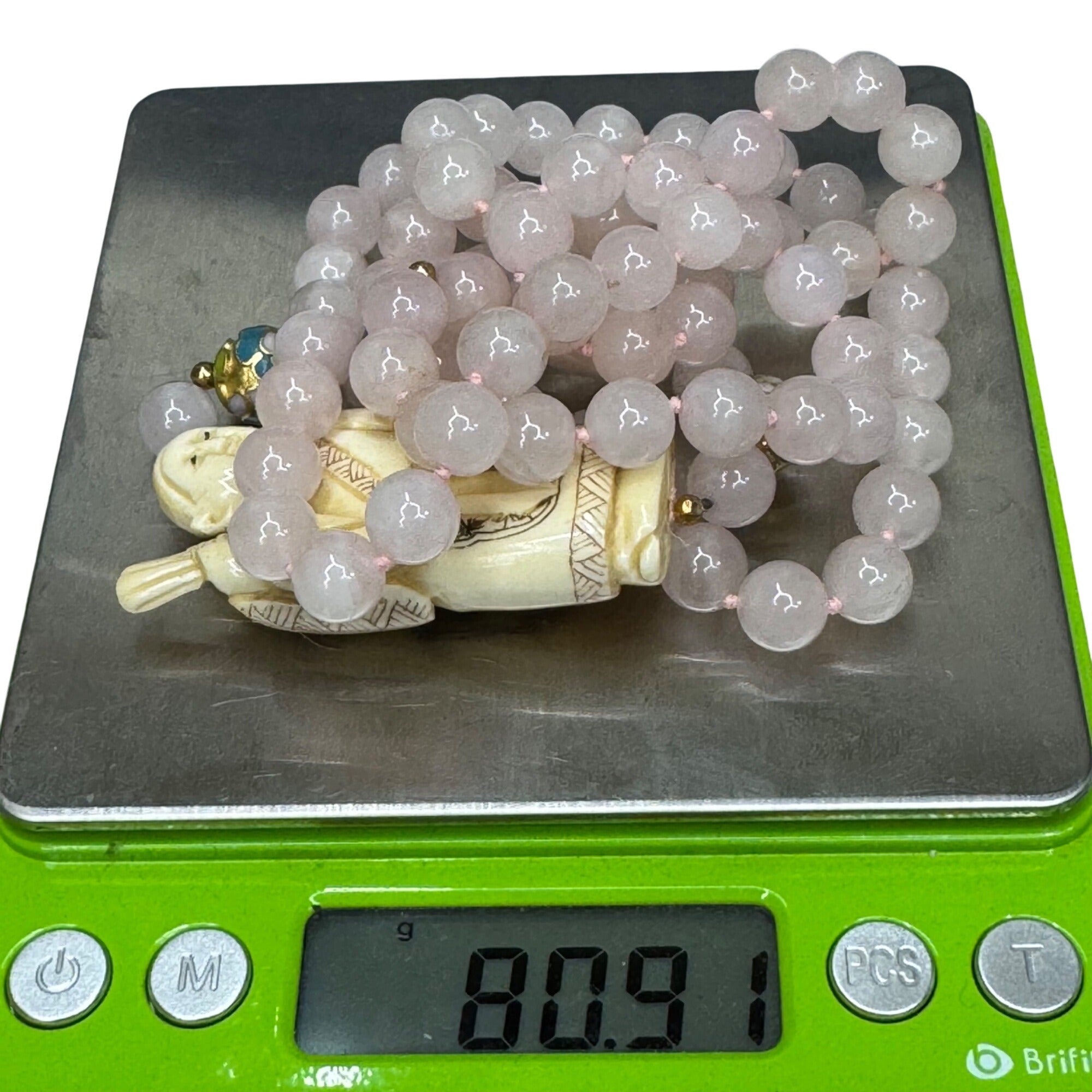 Vintage Hand Carved Buddha Pendant Necklace Pink Rose Quartz Beads Cloisonné 32"